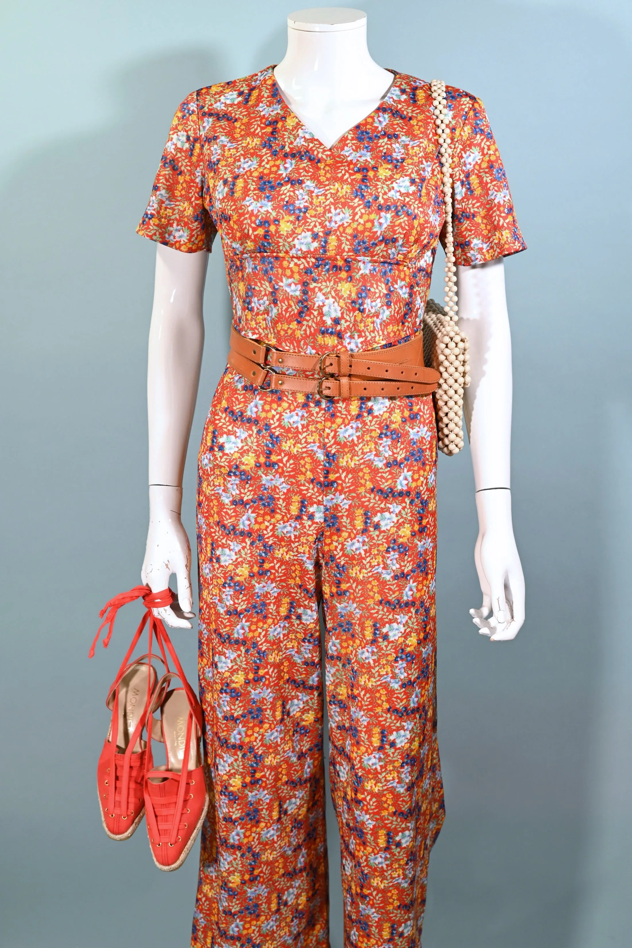 60s Floral Print Jumpsuit, Poly Ditzy Print Pants S