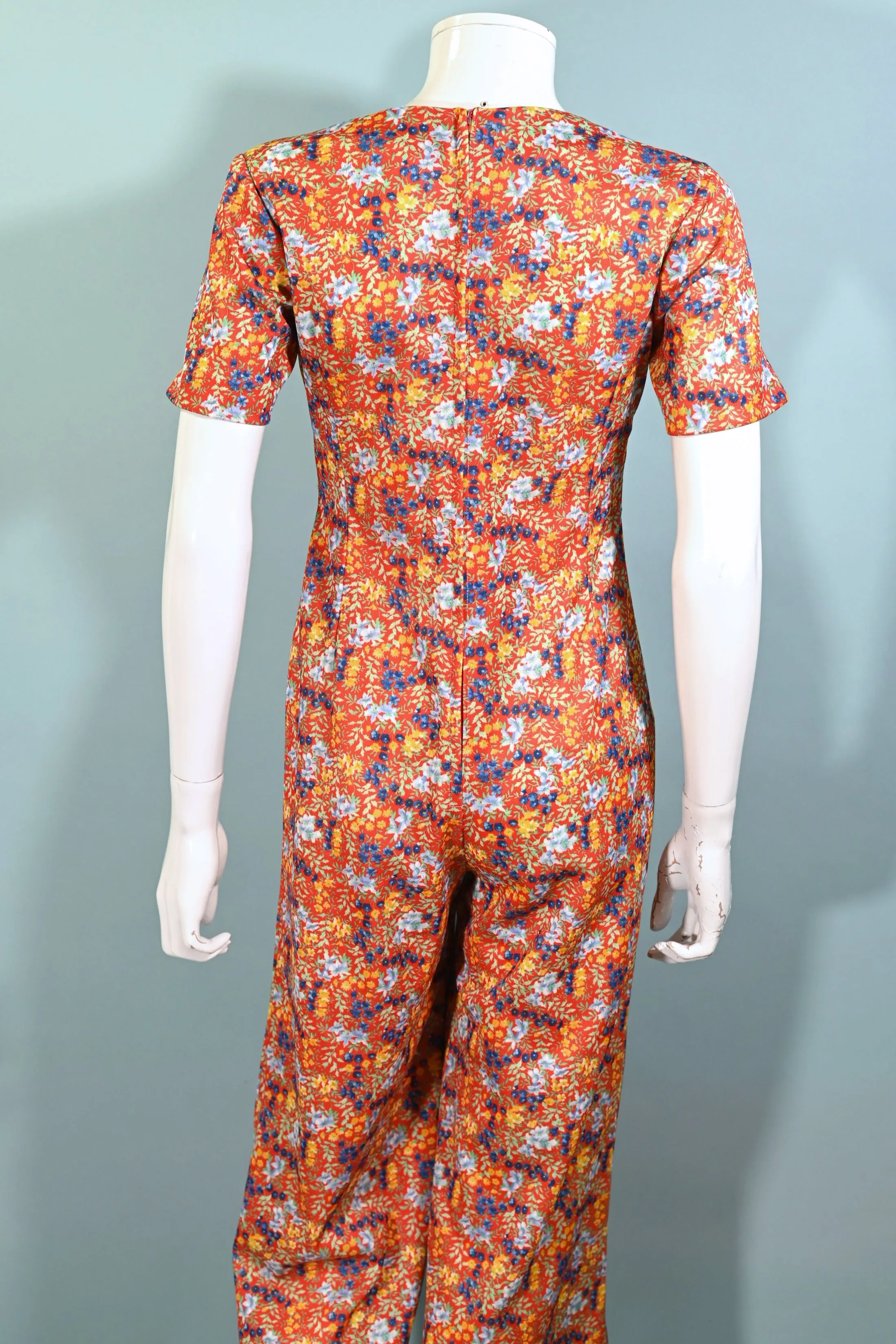 60s Floral Print Jumpsuit, Poly Ditzy Print Pants S