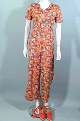 60s Floral Print Jumpsuit, Poly Ditzy Print Pants S