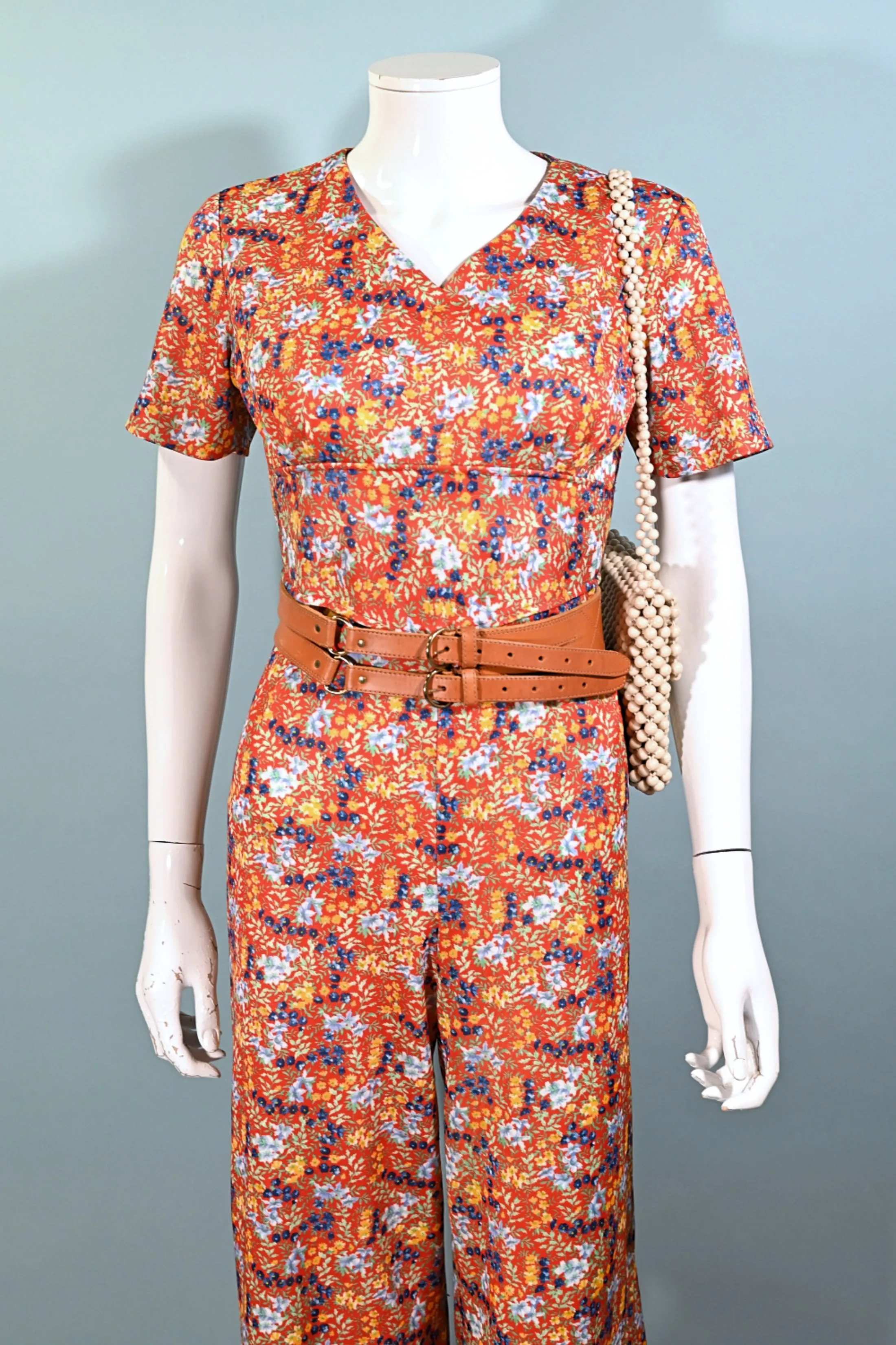 60s Floral Print Jumpsuit, Poly Ditzy Print Pants S