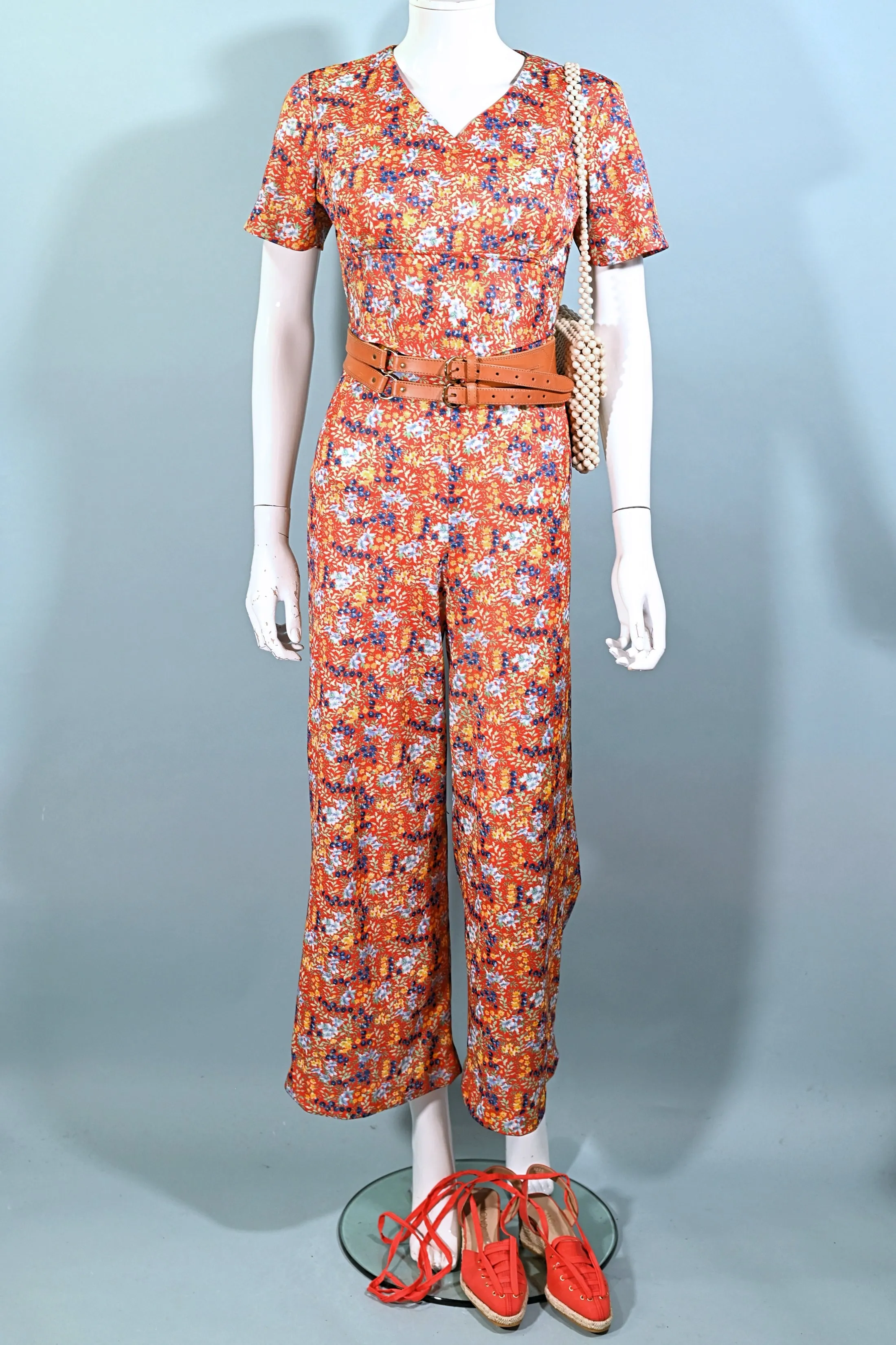 60s Floral Print Jumpsuit, Poly Ditzy Print Pants S