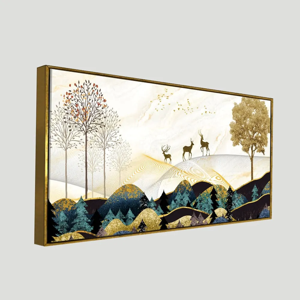 Abstract Golden Landscape Trees with Golden Deer Canvas Wall Painting