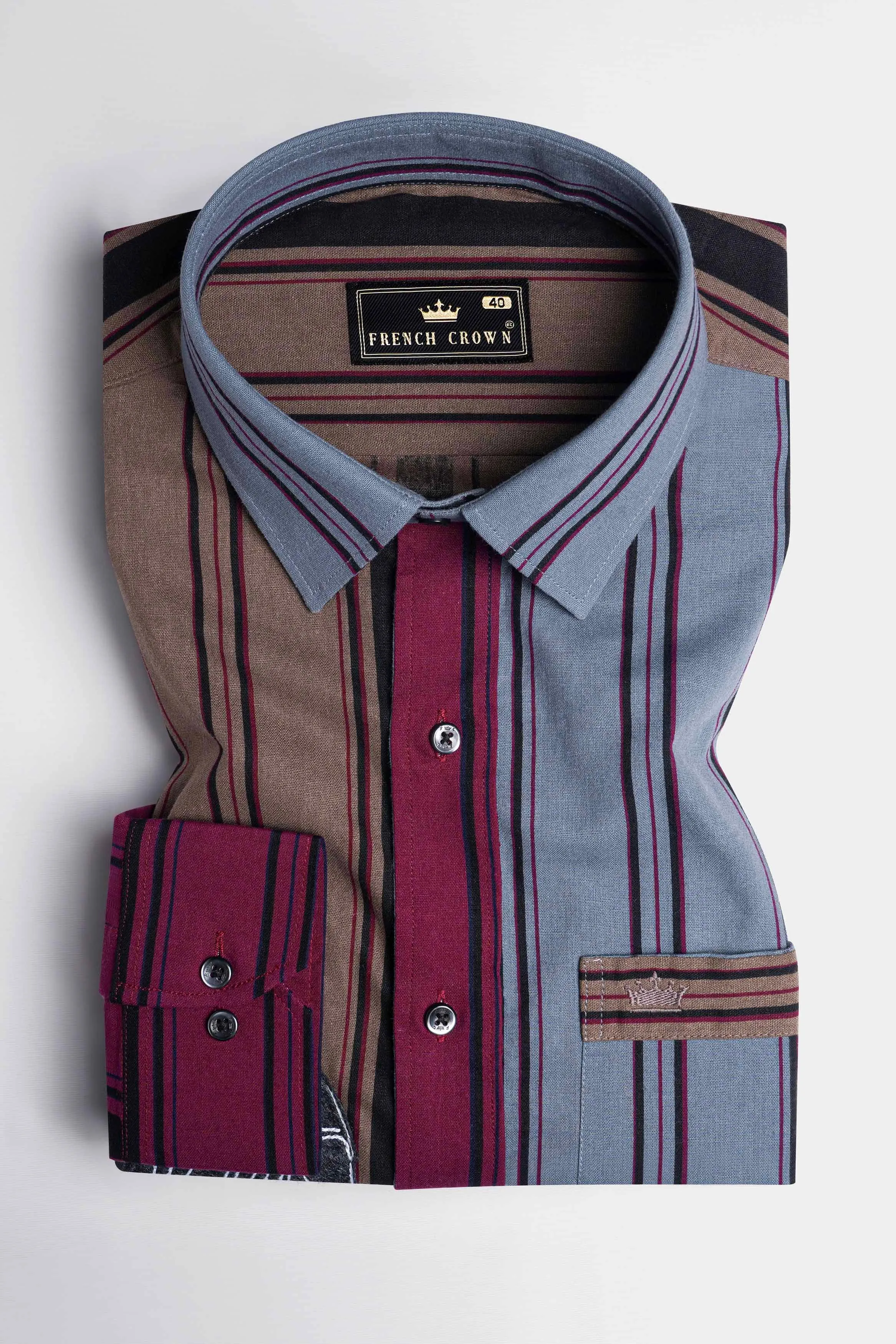 Aubergine Maroon and Fuscous Brown Striped with Funky Patchwork Royal Oxford Designer Shirt