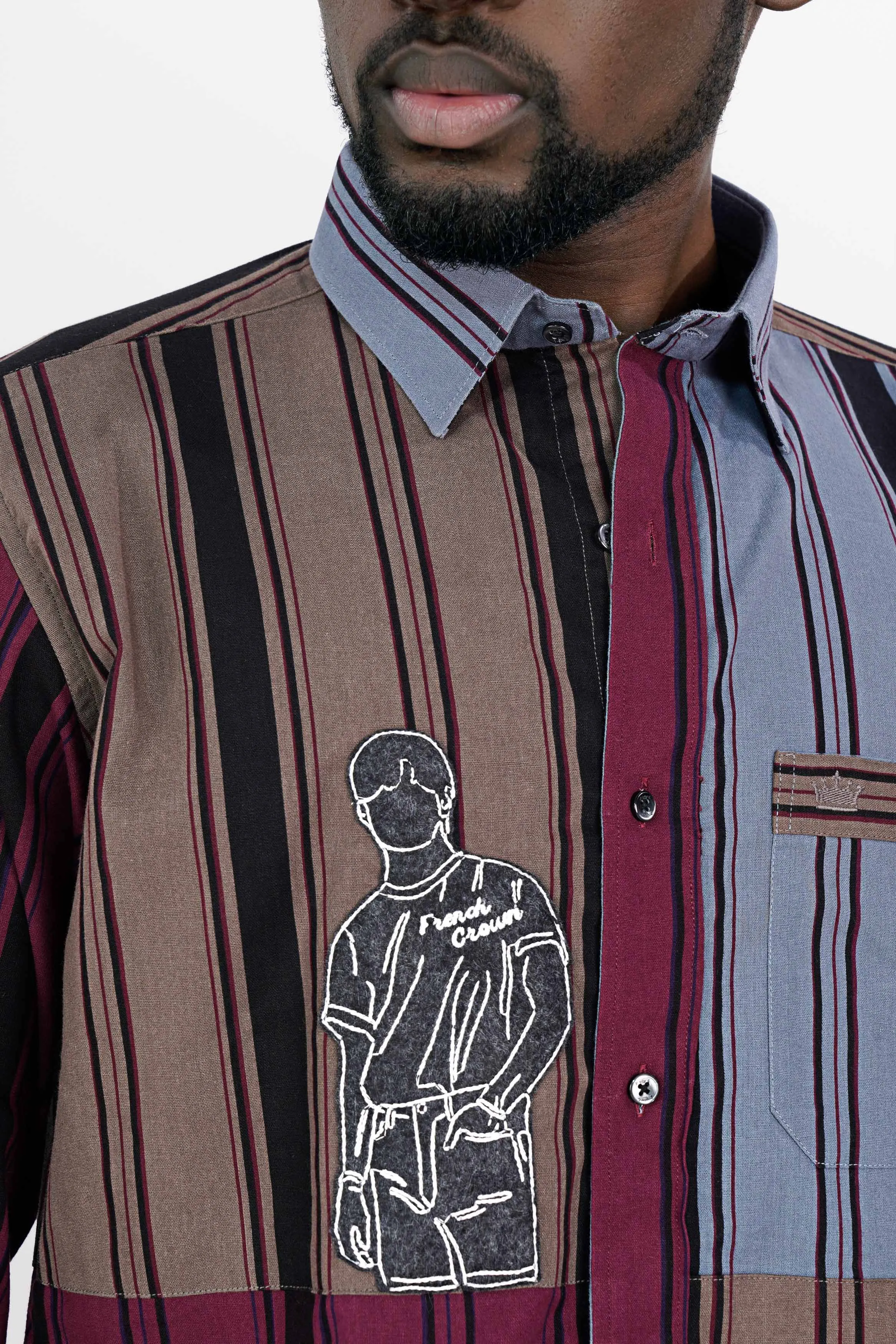 Aubergine Maroon and Fuscous Brown Striped with Funky Patchwork Royal Oxford Designer Shirt