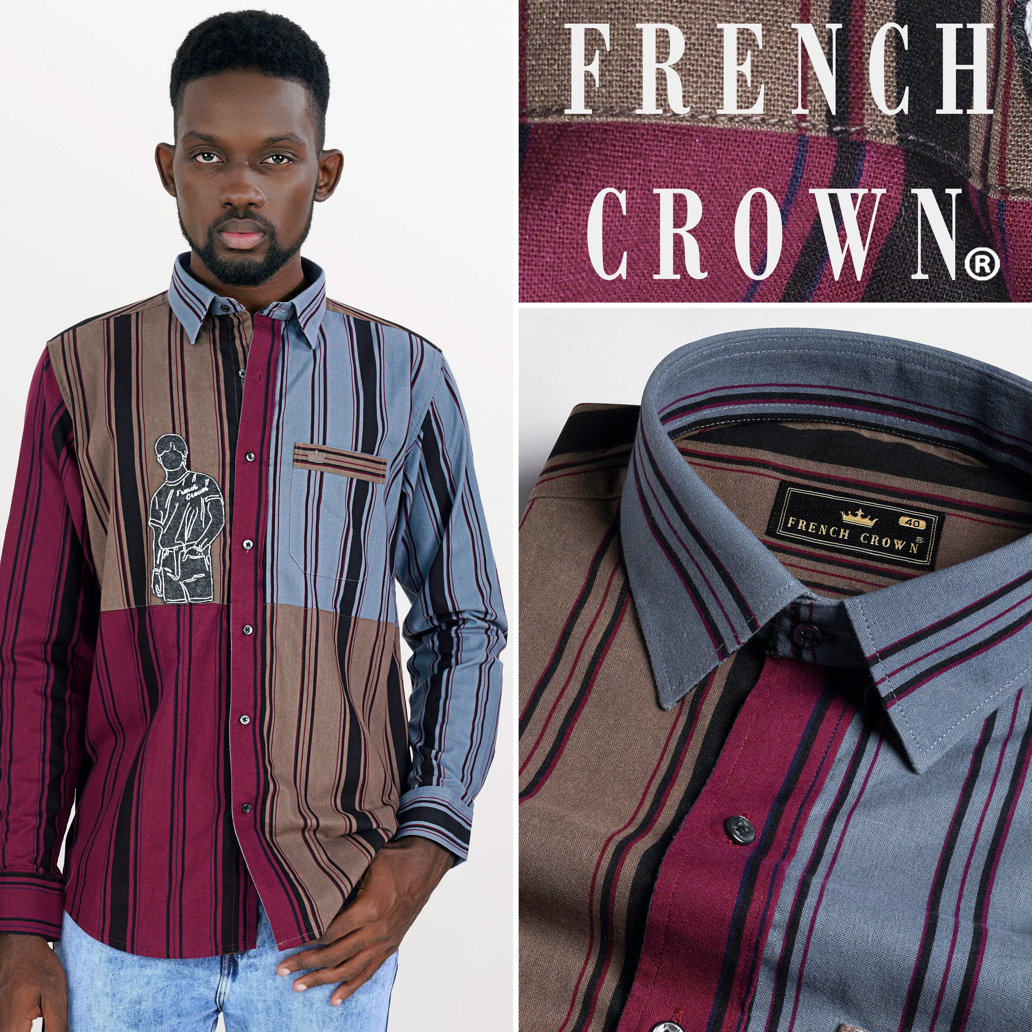 Aubergine Maroon and Fuscous Brown Striped with Funky Patchwork Royal Oxford Designer Shirt