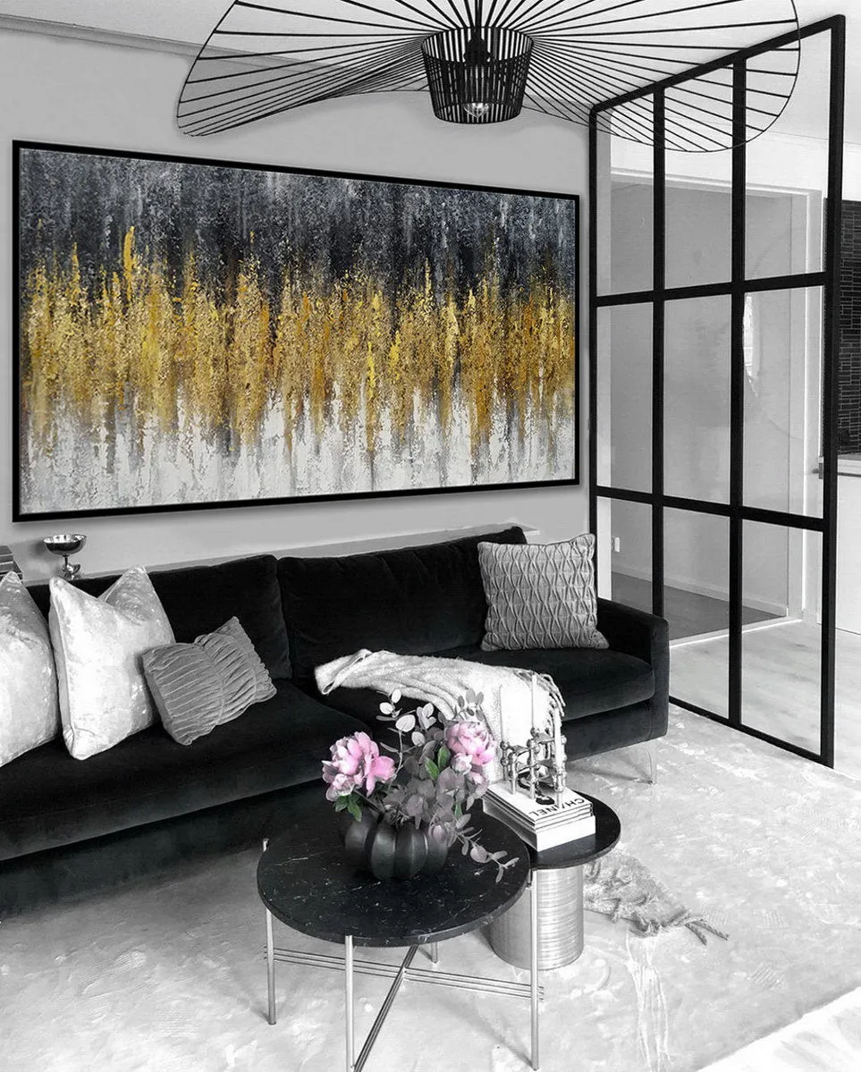 Black Gold Artwork Extra Large Panoramic Textured Abstract Painting Ap060