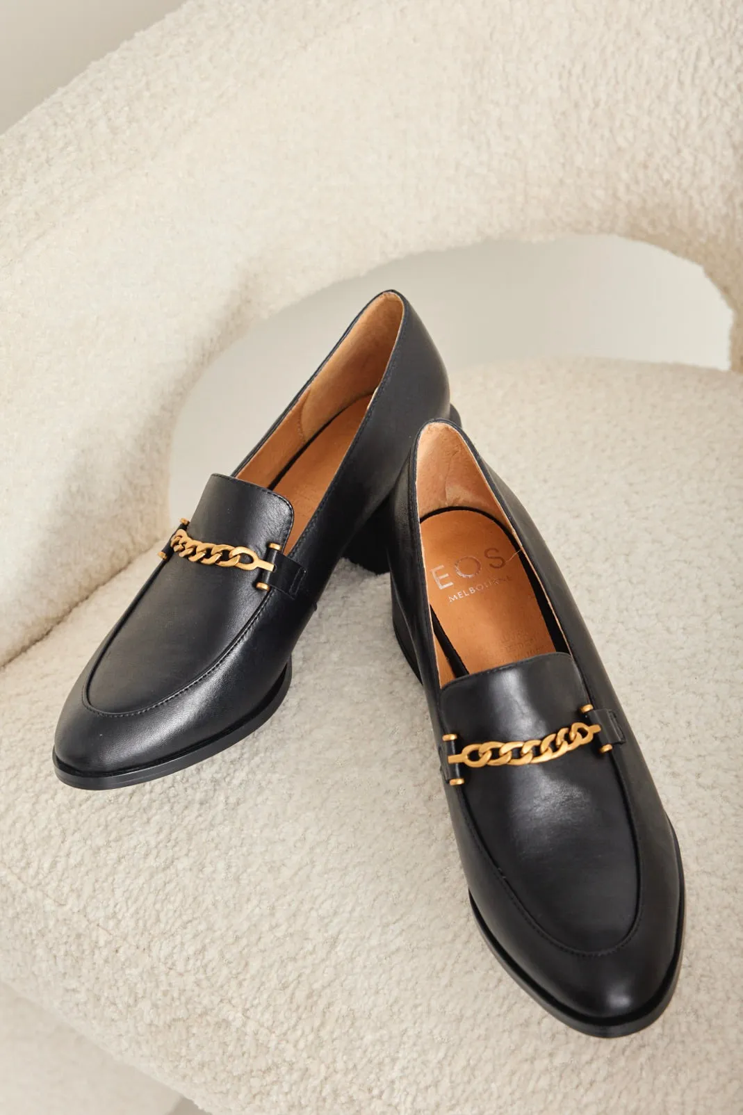 Castella Black Leather Gold Chain Loafer