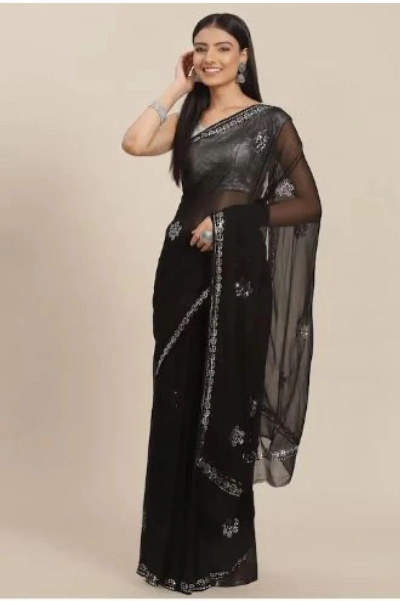 Chiffon Saree with Mirror and Thread work.