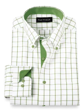 Comfort Stretch Non-Iron Check Dress Shirt With Contrast Trim - Green