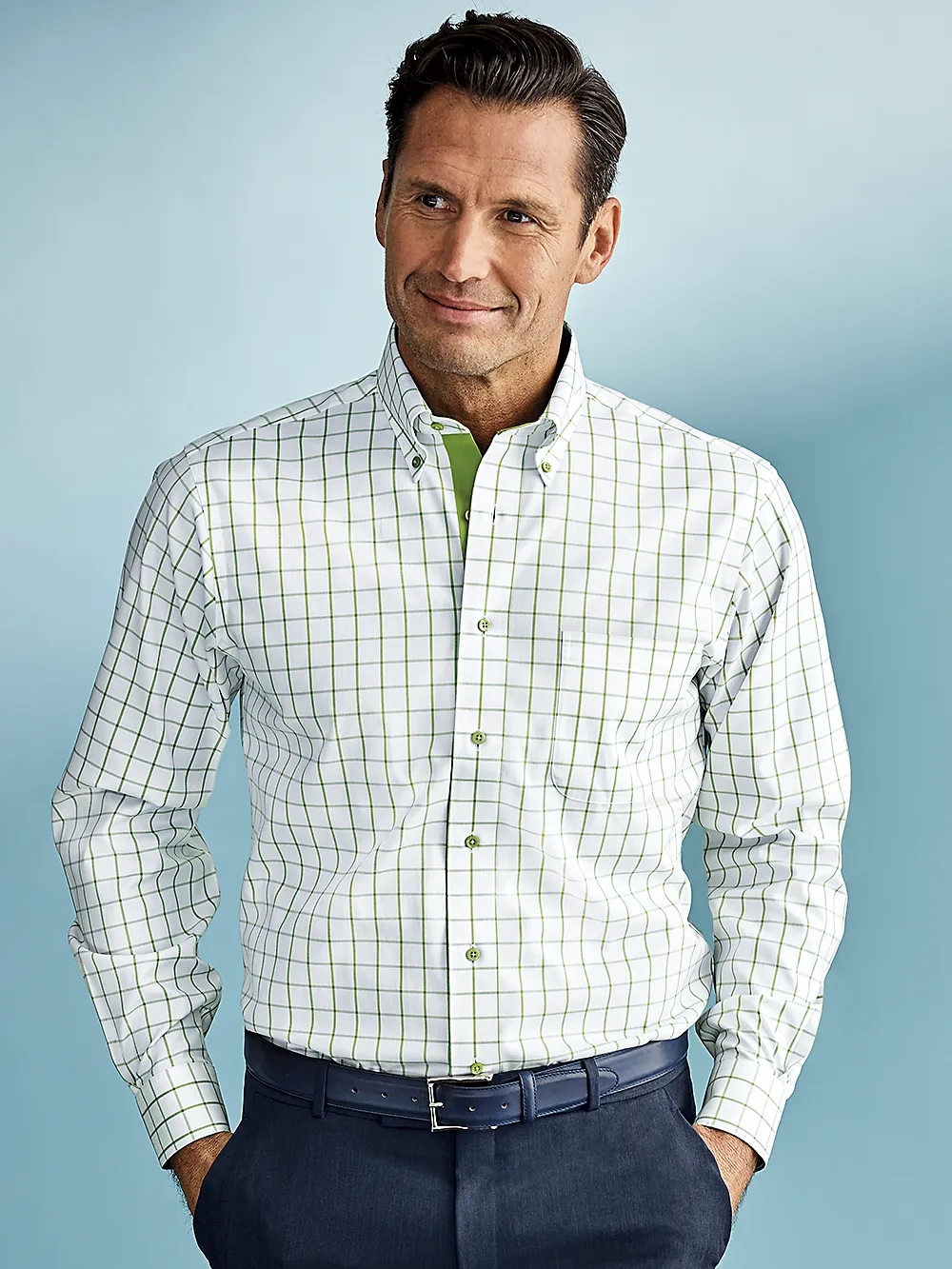 Comfort Stretch Non-Iron Check Dress Shirt With Contrast Trim - Green