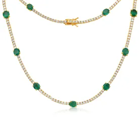 Diamond Tennis Necklace with Alternate Oval Cut Emeralds (6.50 ct.) 4-Prongs Setting in 14K Gold