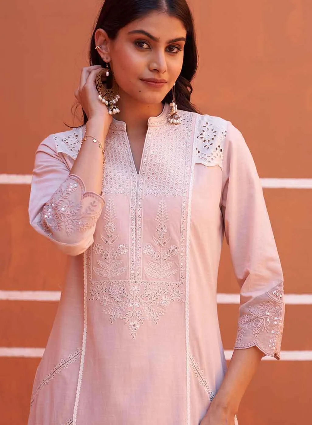 Dori Work Pink Long Kurta