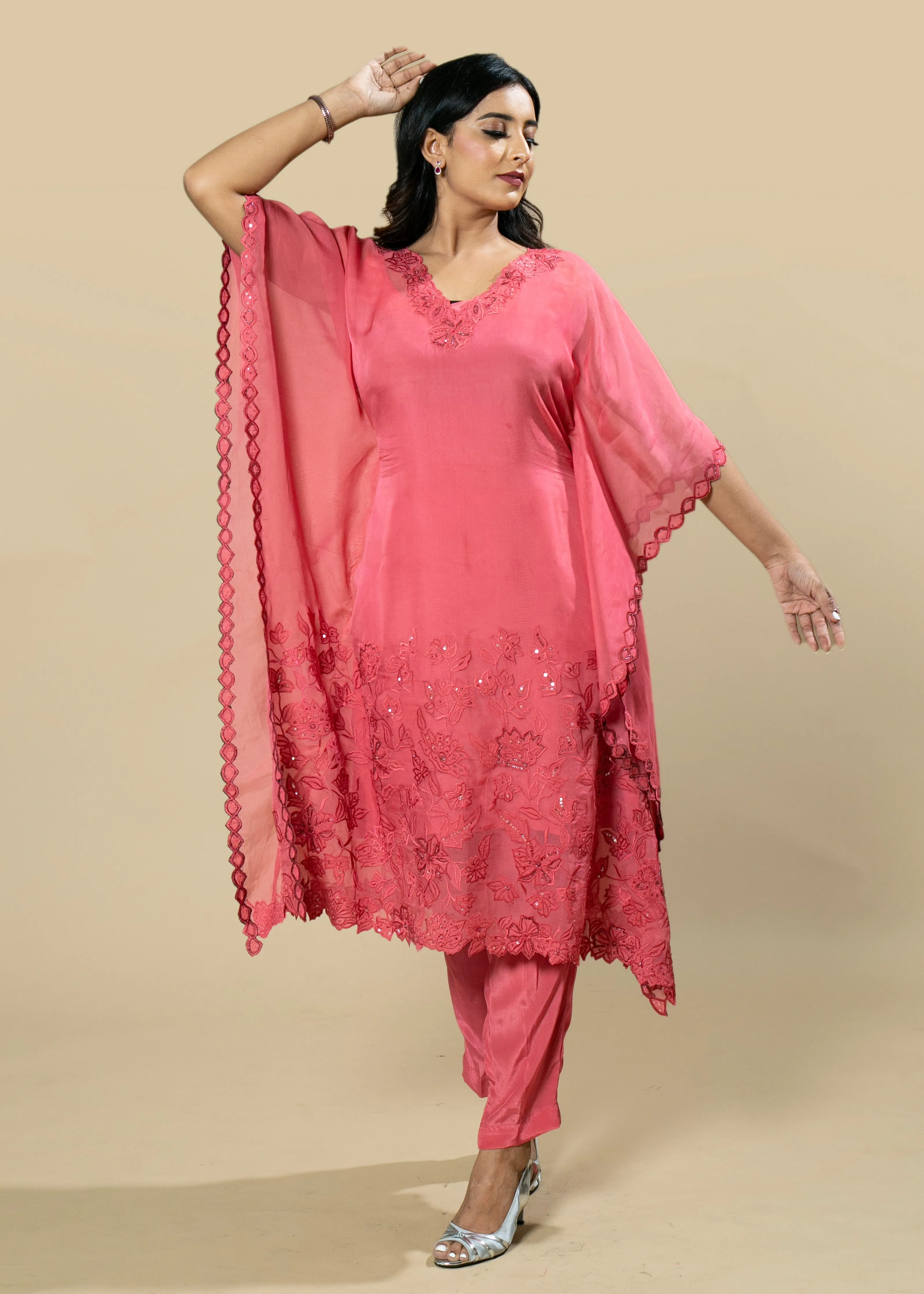 Gajri Pink Georgette Organza Handcrafted Applique kaftan Set with Crystal