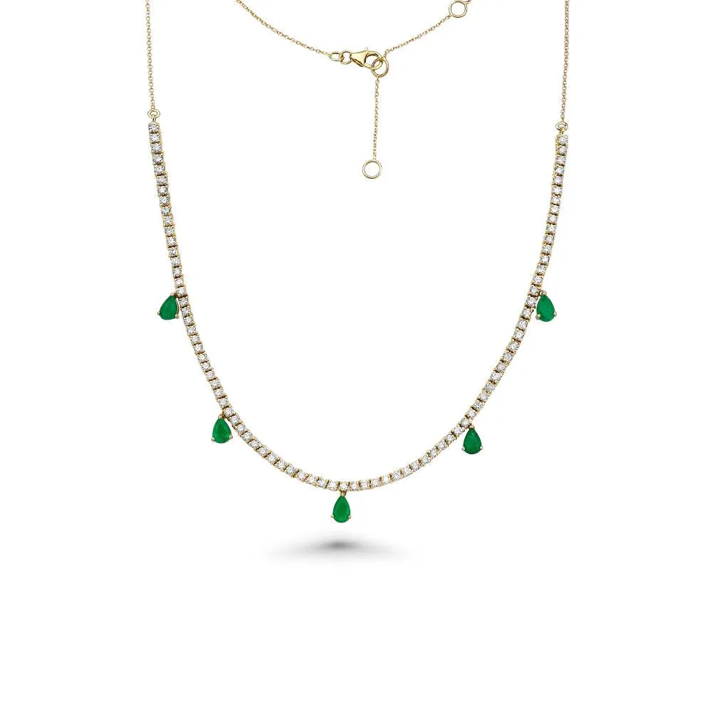 HalfWay Diamond Tennis Necklace With Emerald Pear Shape Drops (4.75 ct.) in 14K Gold