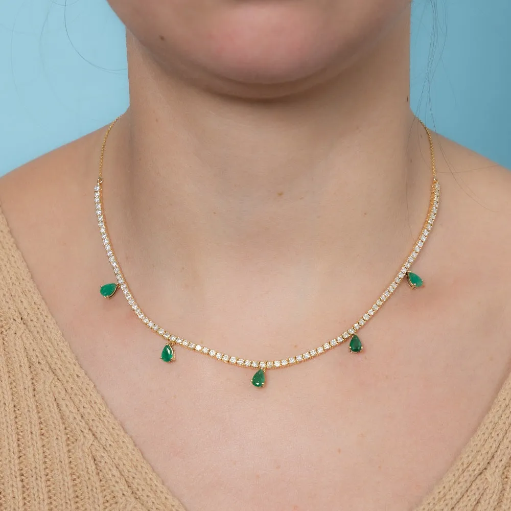 HalfWay Diamond Tennis Necklace With Emerald Pear Shape Drops (4.75 ct.) in 14K Gold