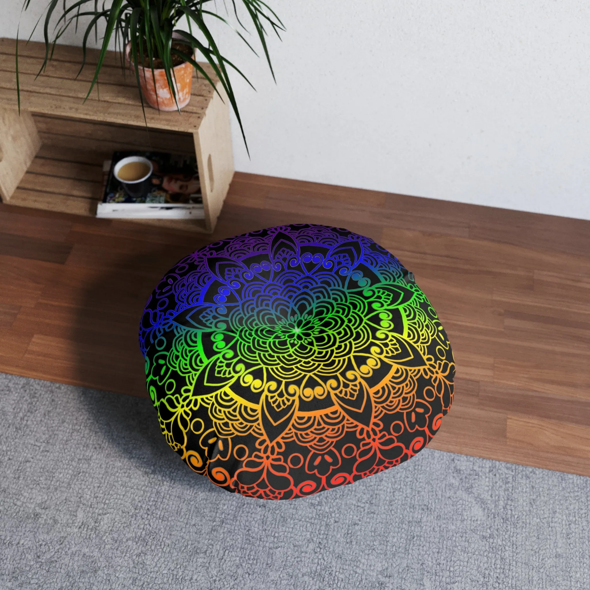 Handmade Mandala Art Floor Cushion - Rainbow Design Tufted Pillow