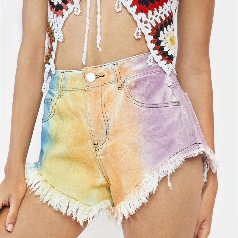 High Waist Fringed Color Tie Dye Denim Shorts