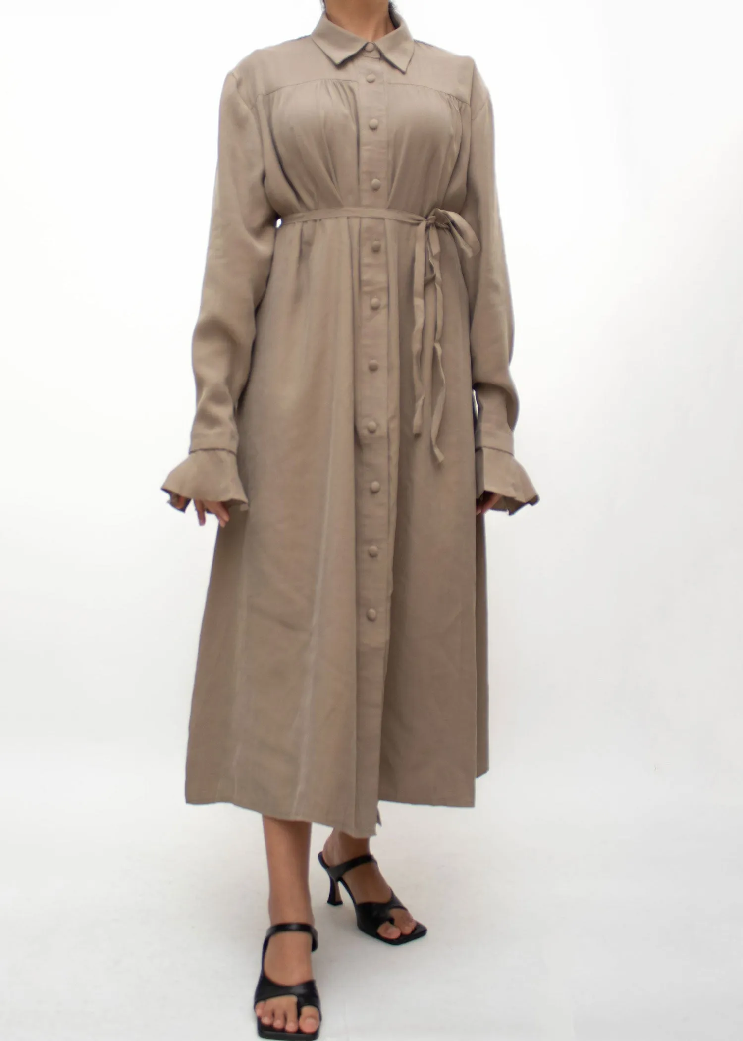 Khaki Long Tied Shirt Dress