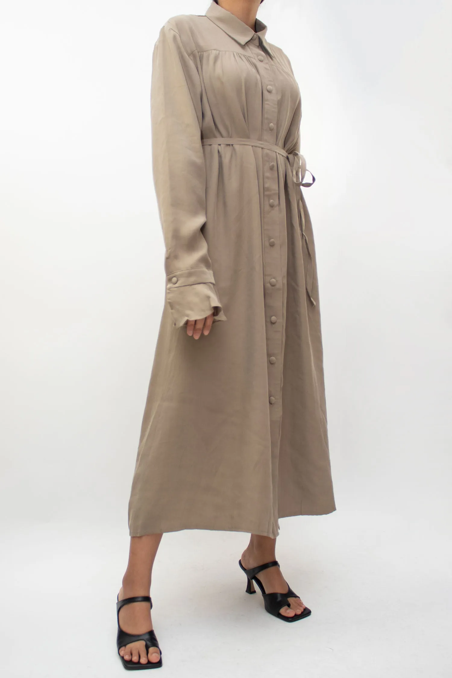 Khaki Long Tied Shirt Dress