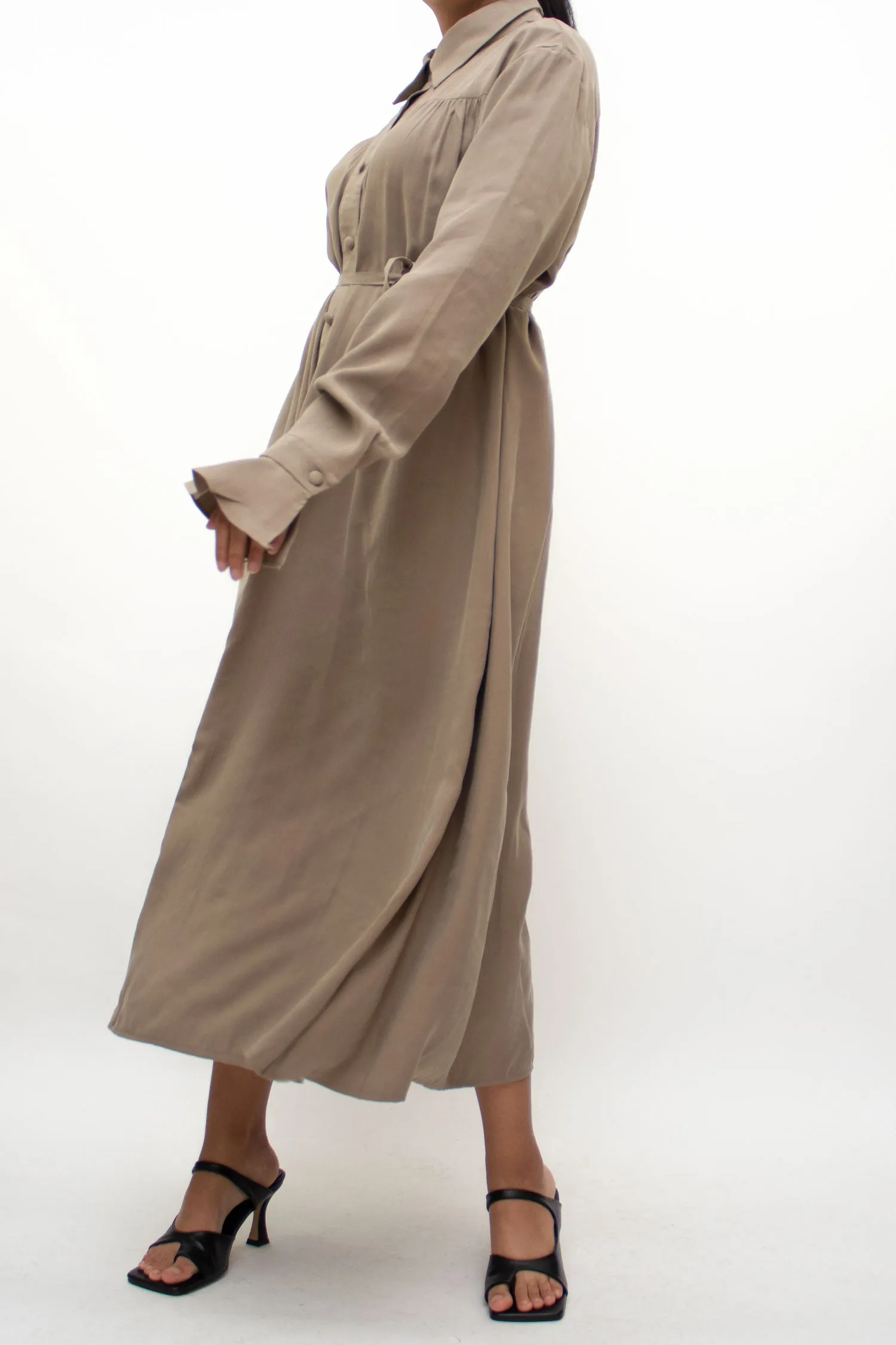 Khaki Long Tied Shirt Dress