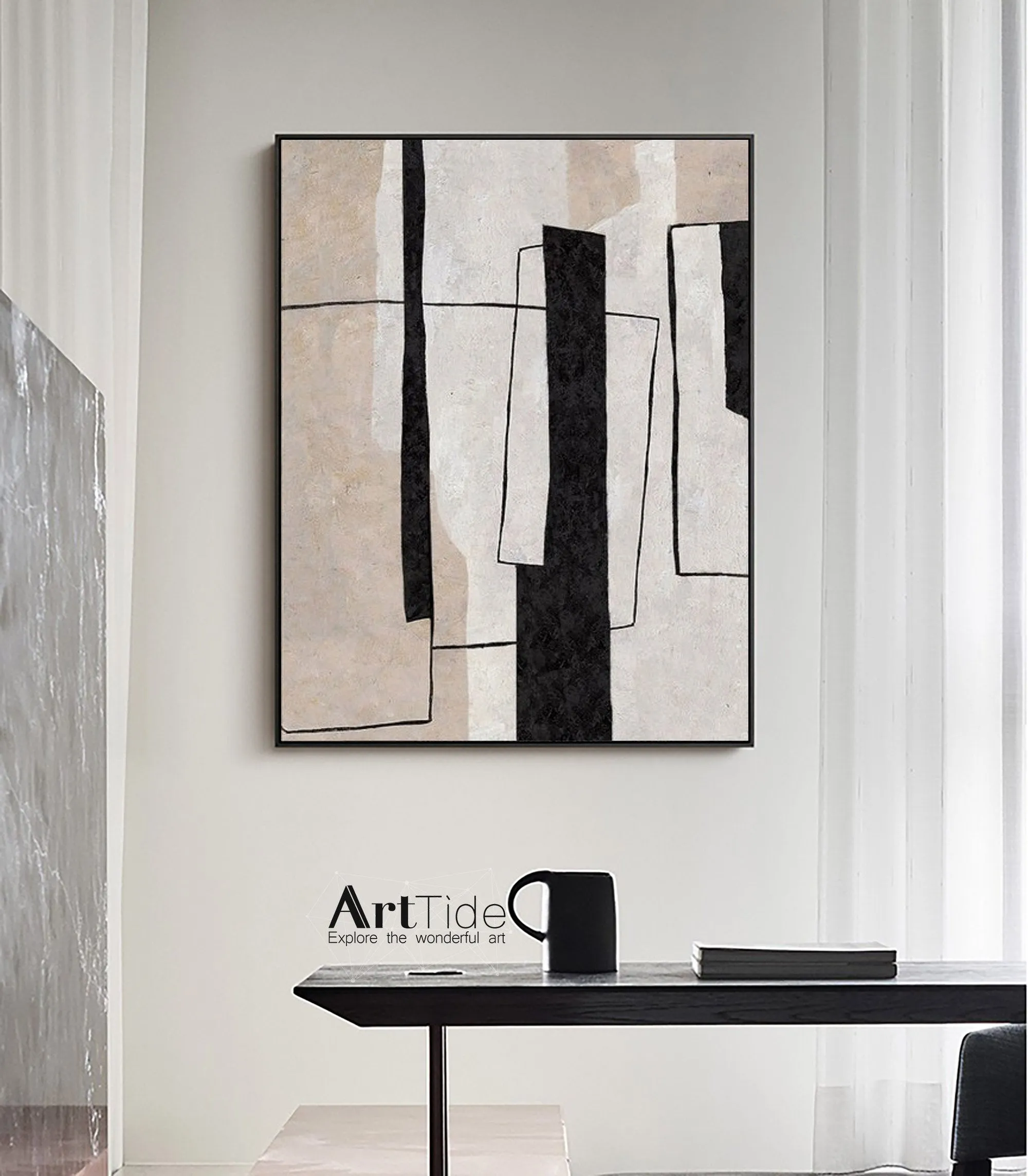 Large Milimalist Abstract Painting Beige Black And White Minimalist Painting Qp102