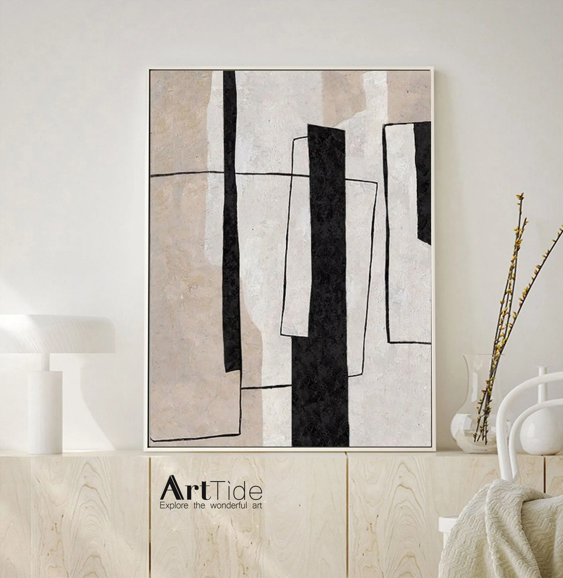 Large Milimalist Abstract Painting Beige Black And White Minimalist Painting Qp102