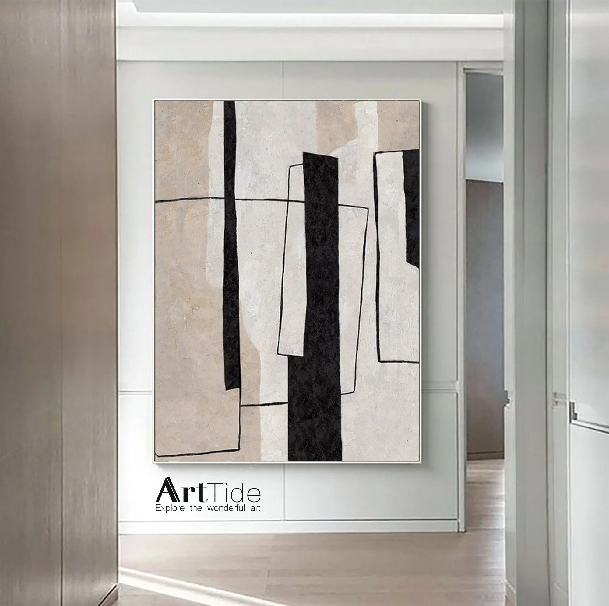 Large Milimalist Abstract Painting Beige Black And White Minimalist Painting Qp102