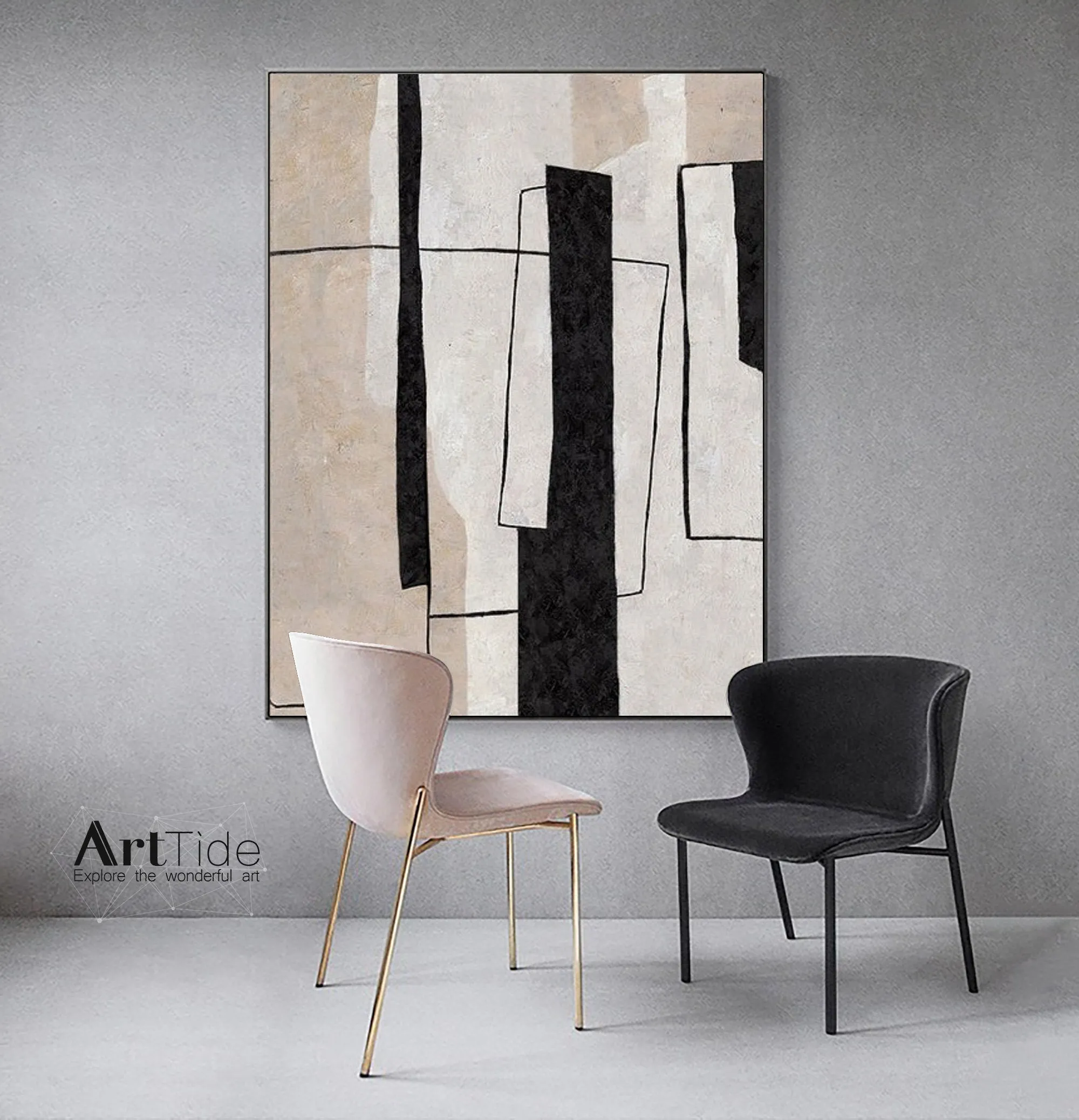 Large Milimalist Abstract Painting Beige Black And White Minimalist Painting Qp102