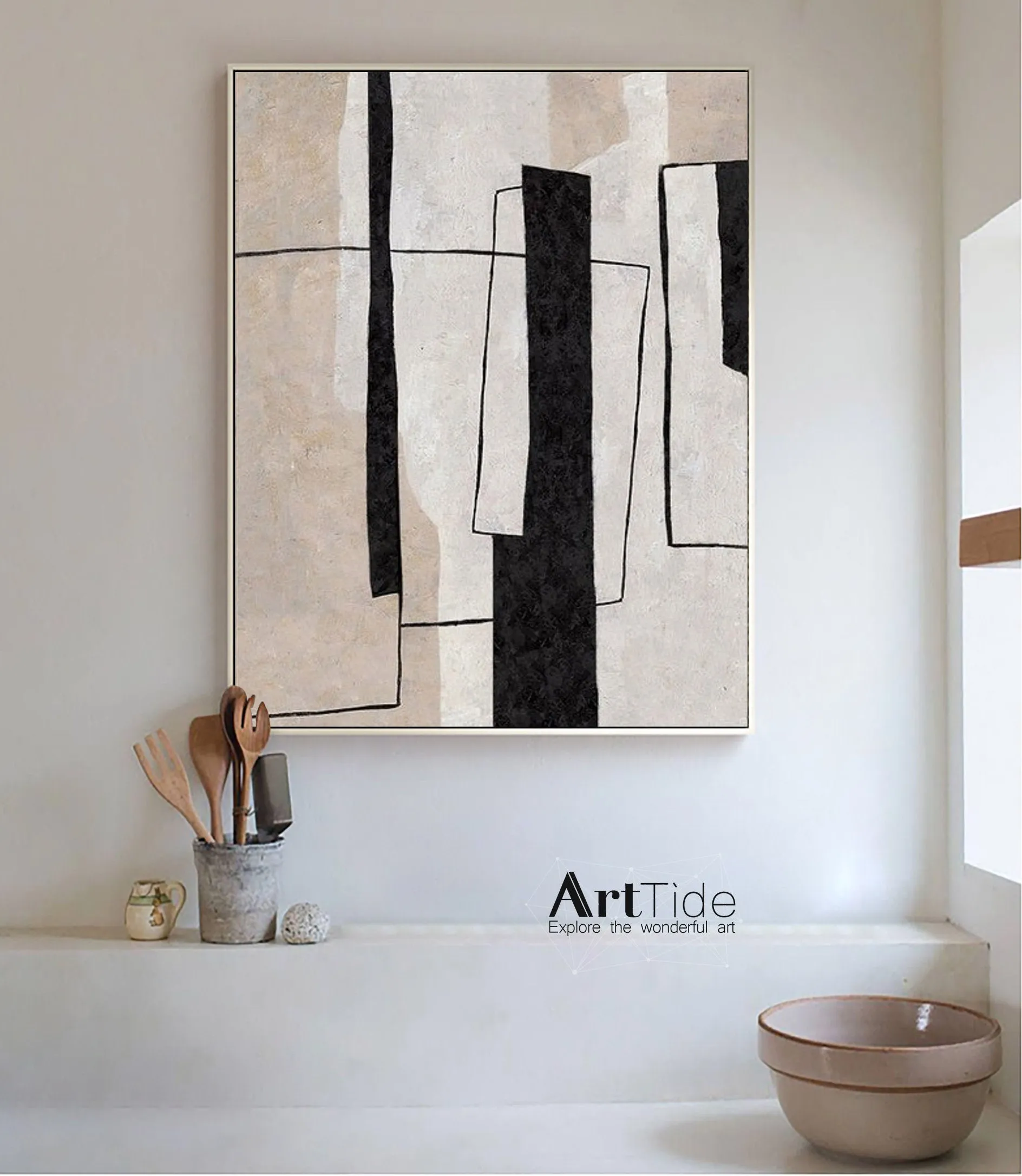 Large Milimalist Abstract Painting Beige Black And White Minimalist Painting Qp102