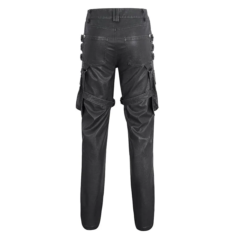 Men's Gothic Big-pocket Sliver Studded Faux Leather Pants