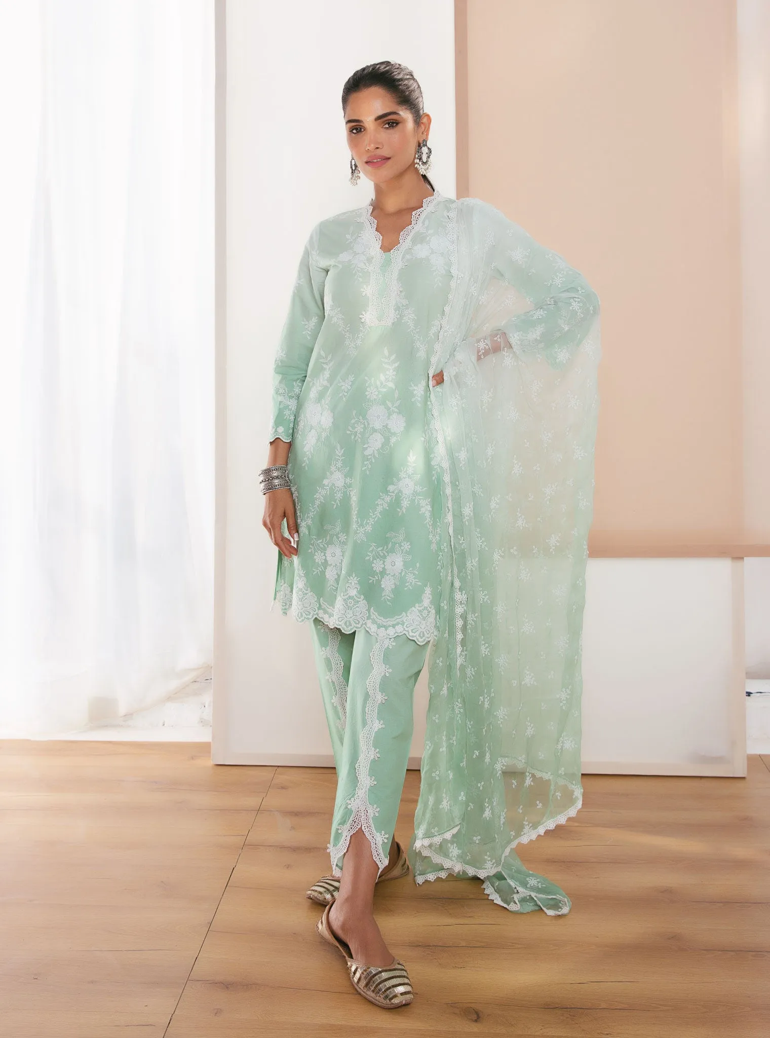 Mulmul Cotton Atrai Green Kurta With Atrai Green Dhoti Pant