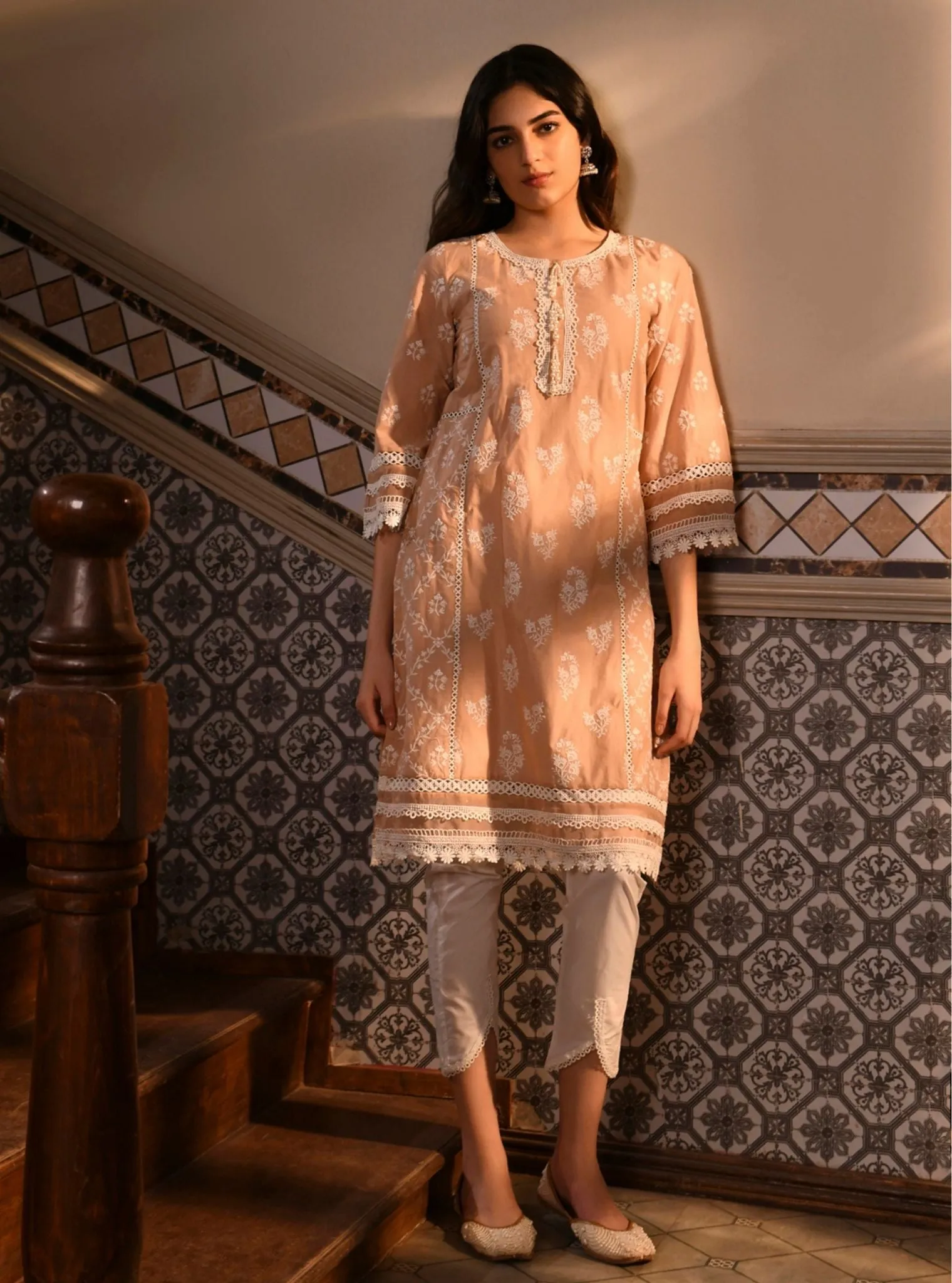 Mulmul Cotton Darya Beige Kurta With Mulmul Cotton Inverted V Hem White Pant