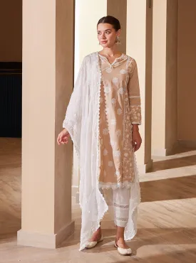 Mulmul Cotton Kannur Beige Kurta With Mulmul Floral Ladder Slim White Pant