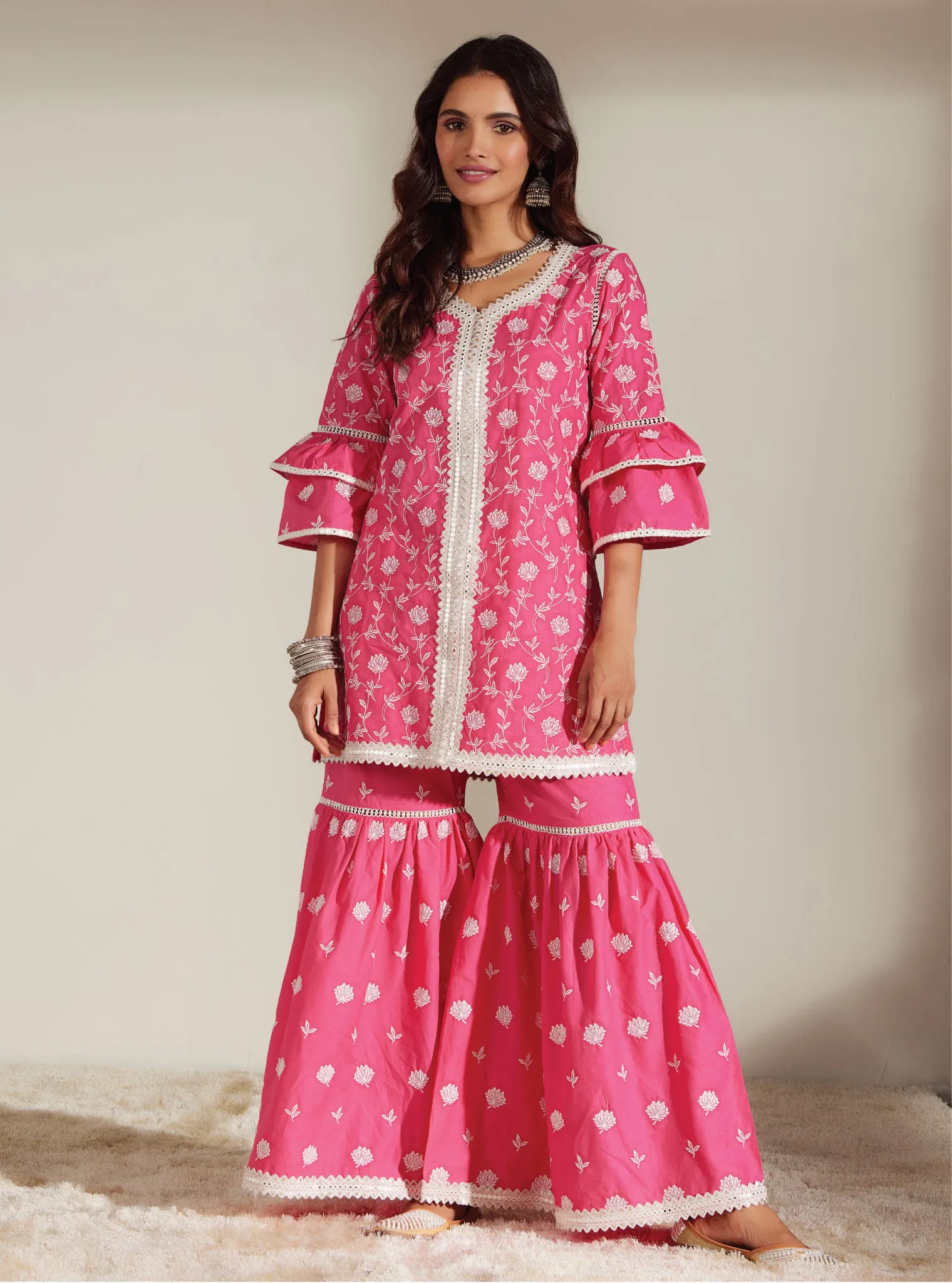 Mulmul Cotton Keziah Pink Kurta With Keziah Pink Garara