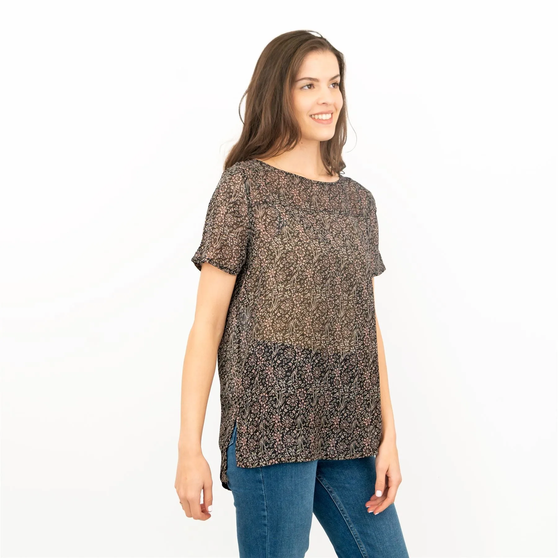 Next Floral Print Black Short Sleeve Blouse Lightweight Tops