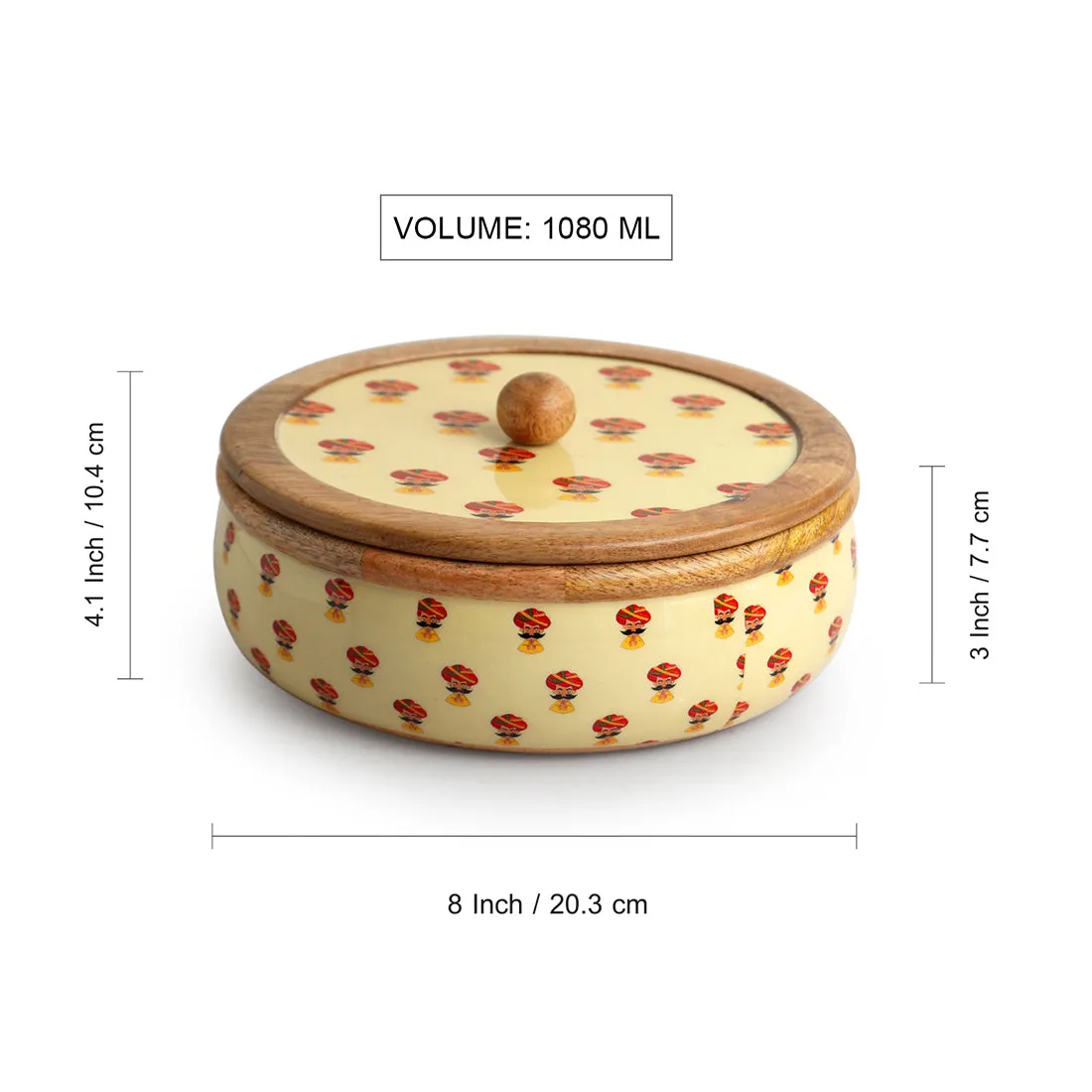 'Rajasthani Folk Musicians' Hand-Enamelled Chapati Box With Lid In Mango Wood (8.0 Inch, 1080 ml)