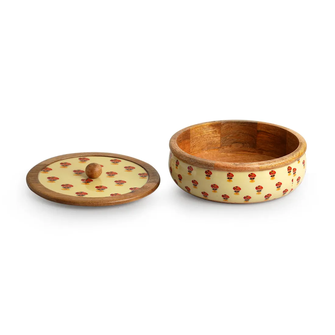 'Rajasthani Folk Musicians' Hand-Enamelled Chapati Box With Lid In Mango Wood (8.0 Inch, 1080 ml)