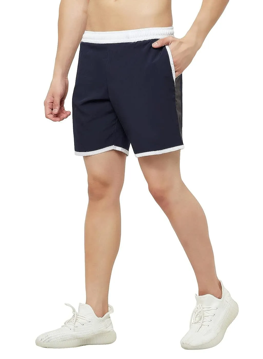 Romano nx Men's Navy Blue 7 inch Dry Fit Sports Running Reflective Shorts with 2 Side Pockets and Zipper Back Pocket