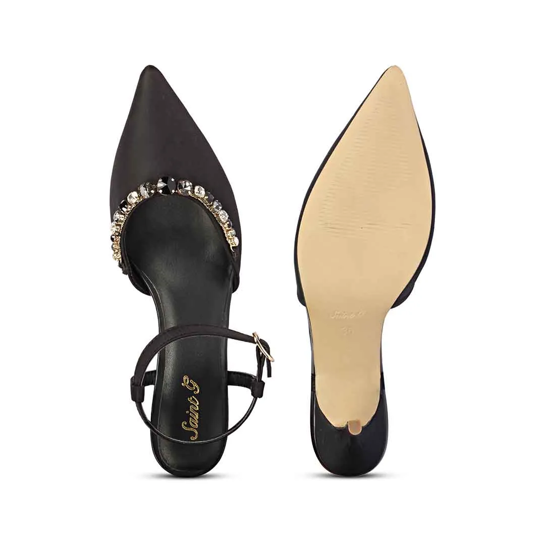 Saint Leila Multi Stone Embellished Black Nylon Fabric Pumps