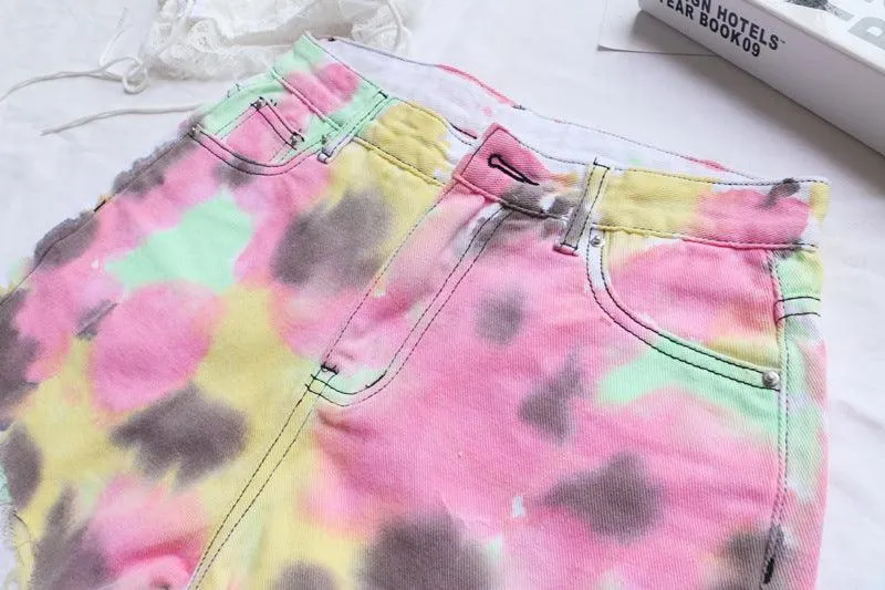 Tie Dye Loose High Waist Raw Edge Pants