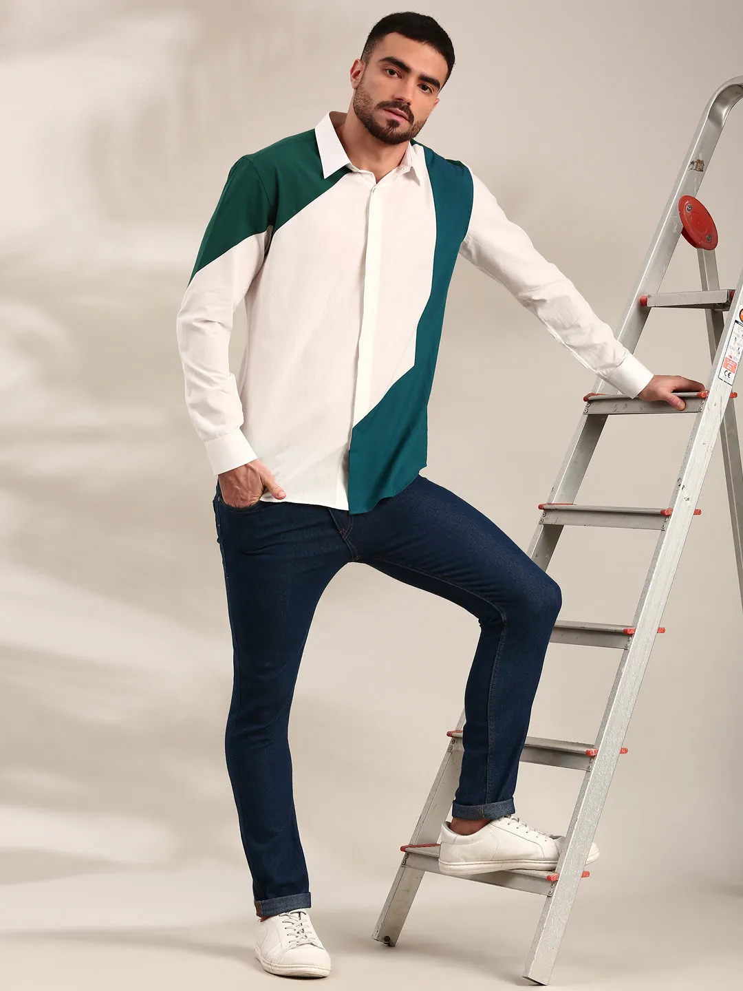 White , Green & Blue  Panelled Cotton Shirt