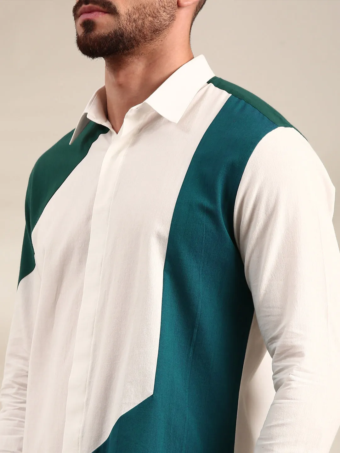 White , Green & Blue  Panelled Cotton Shirt