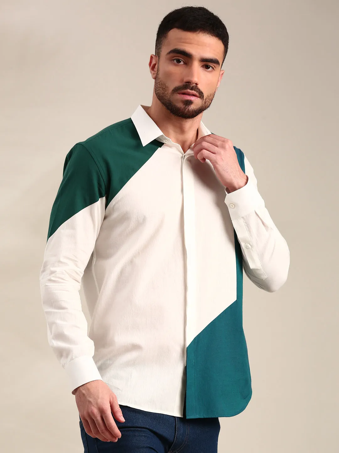 White , Green & Blue  Panelled Cotton Shirt