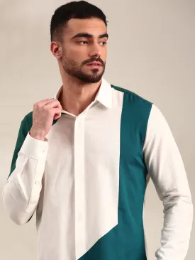 White , Green & Blue  Panelled Cotton Shirt