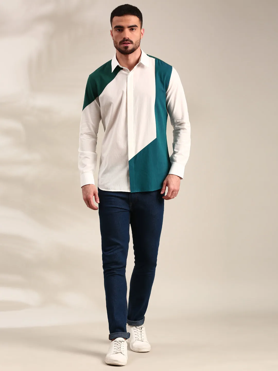 White , Green & Blue  Panelled Cotton Shirt