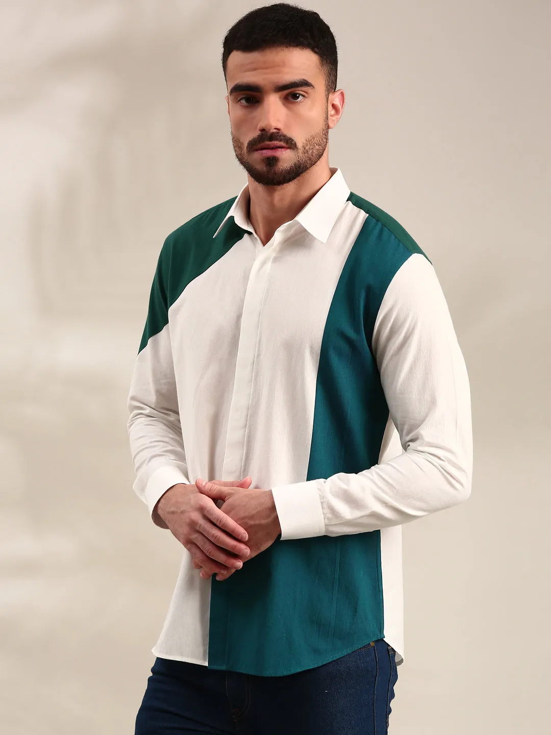 White , Green & Blue  Panelled Cotton Shirt