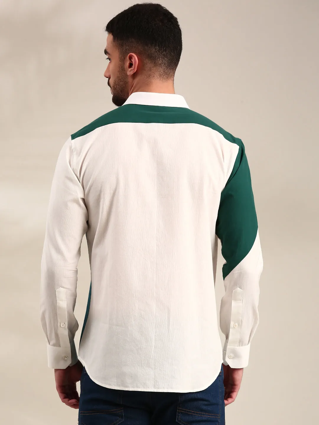 White , Green & Blue  Panelled Cotton Shirt